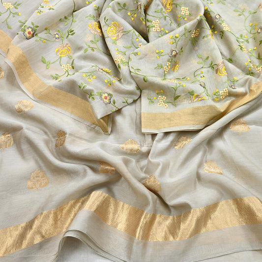 Indian Vintage Dupatta Gray Pure Chanderi Silk Long Stole Embroidered parsi Work Scarves Veil Zari Wrap