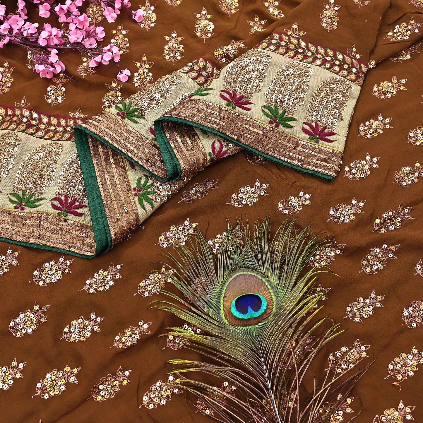 Indian Heavy Sari Brown Pure Georgette Silk Hand Embroidered Sarees Designer Sabyasachi 6Yd Sewing Ethnic Bollywood party wear saree