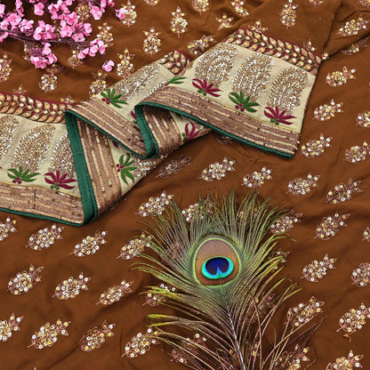 Indian Heavy Sari Brown Pure Georgette Silk Hand Embroidered Sarees Designer Sabyasachi 6Yd Sewing Ethnic Bollywood party wear saree