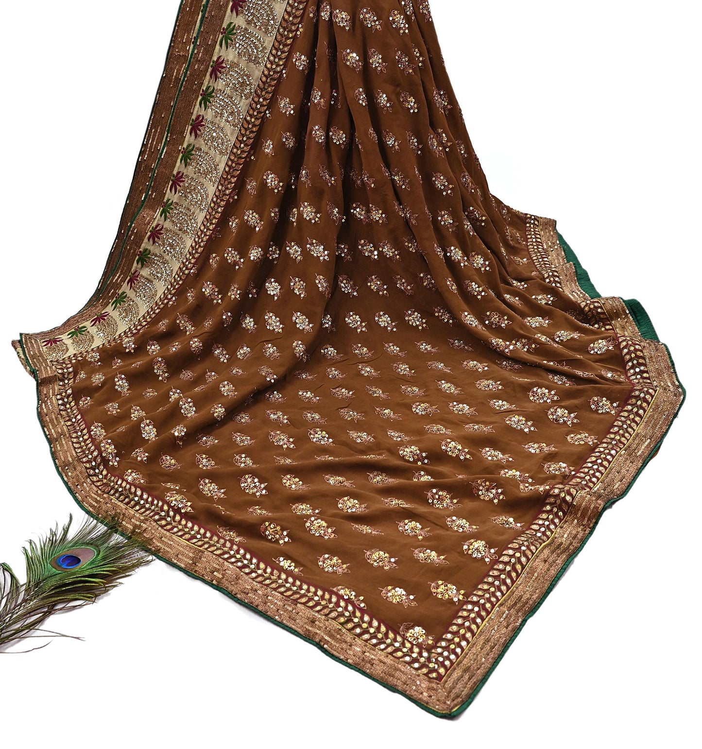 Indian Heavy Sari Brown Pure Georgette Silk Hand Embroidered Sarees Designer Sabyasachi 6Yd Sewing Ethnic Bollywood party wear saree