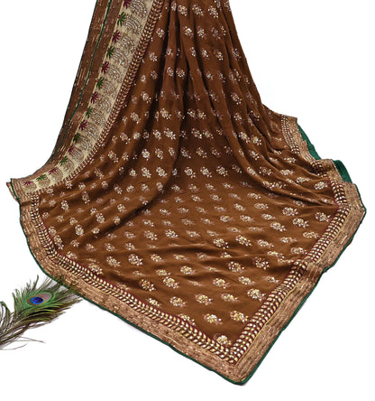 Indian Heavy Sari Brown Pure Georgette Silk Hand Embroidered Sarees Designer Sabyasachi 6Yd Sewing Ethnic Bollywood party wear saree