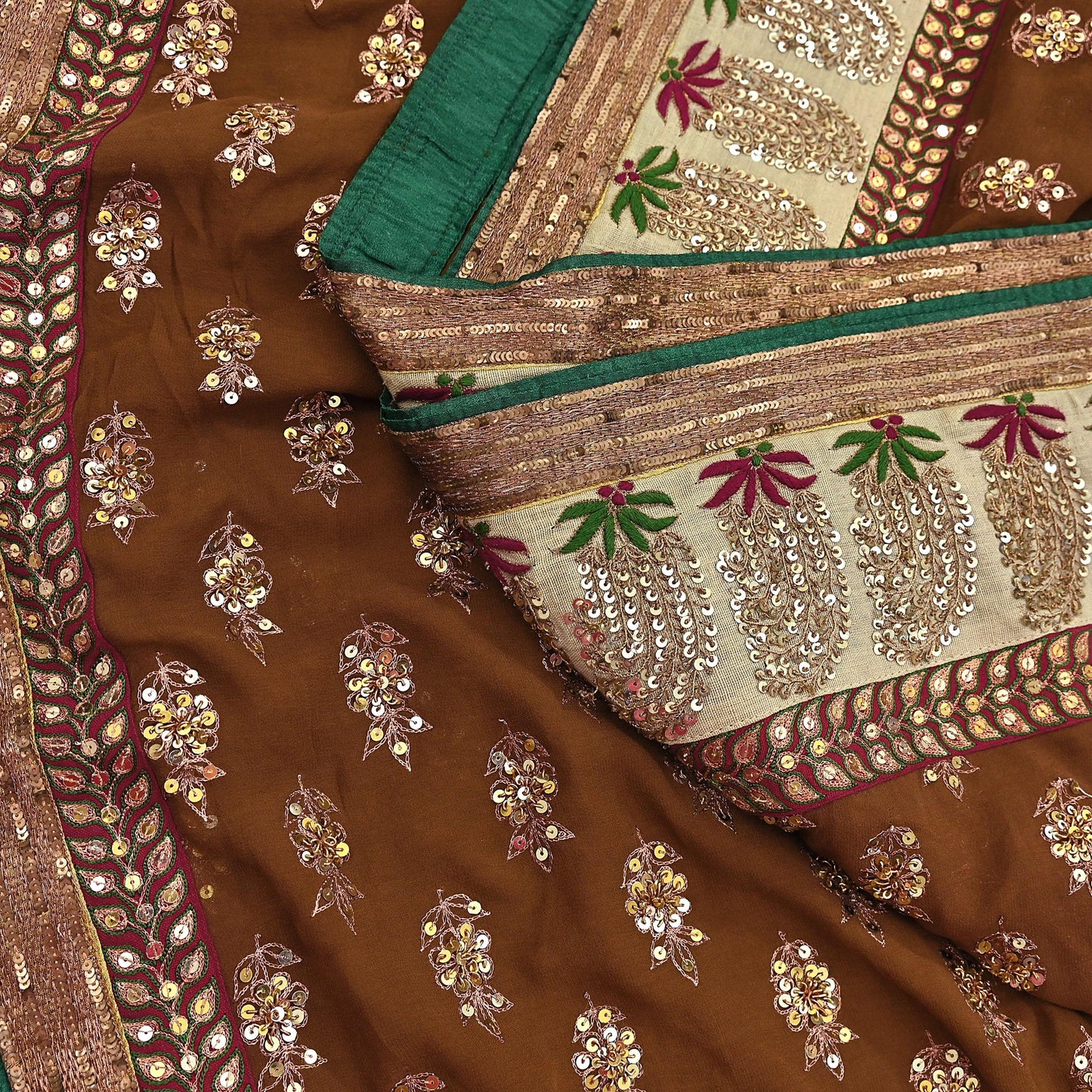 Indian Heavy Sari Brown Pure Georgette Silk Hand Embroidered Sarees Designer Sabyasachi 6Yd Sewing Ethnic Bollywood party wear saree
