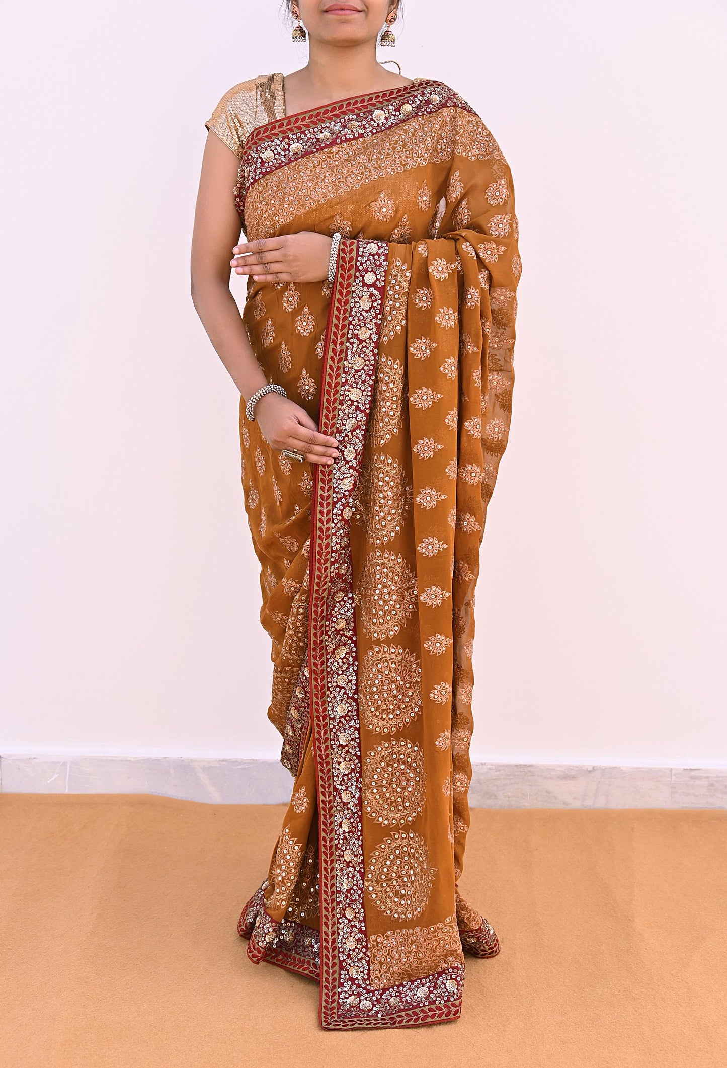 Indian Heavy Sari Saffron Pure Georgette Silk Hand Embroidered Sarees Designer Sabyasachi 6Yd Sewing Ethnic Bollywood party wear saree