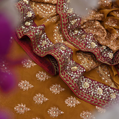 Indian Heavy Sari Saffron Pure Georgette Silk Hand Embroidered Sarees Designer Sabyasachi 6Yd Sewing Ethnic Bollywood party wear saree