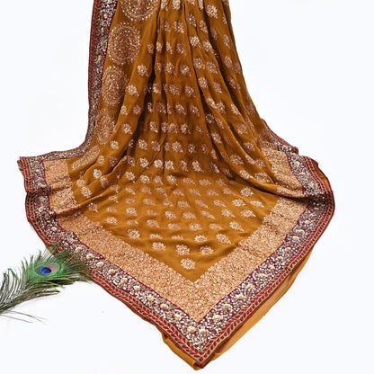 Indian Heavy Sari Saffron Pure Georgette Silk Hand Embroidered Sarees Designer Sabyasachi 6Yd Sewing Ethnic Bollywood party wear saree