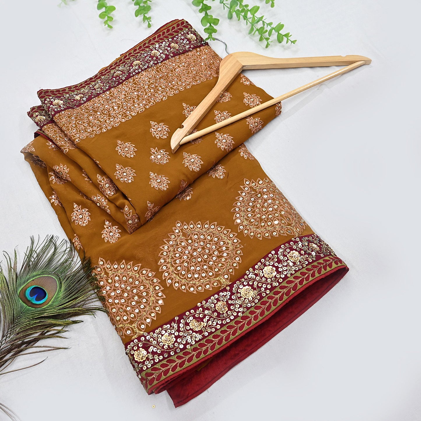 Indian Heavy Sari Saffron Pure Georgette Silk Hand Embroidered Sarees Designer Sabyasachi 6Yd Sewing Ethnic Bollywood party wear saree