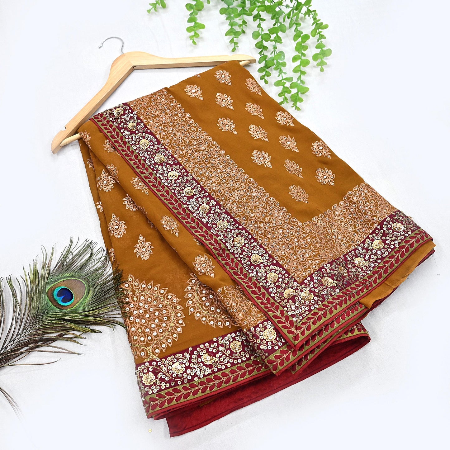 Indian Heavy Sari Saffron Pure Georgette Silk Hand Embroidered Sarees Designer Sabyasachi 6Yd Sewing Ethnic Bollywood party wear saree