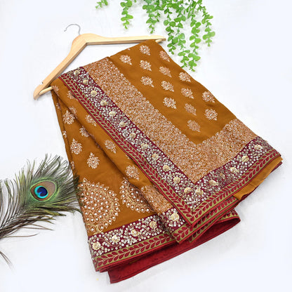 Indian Heavy Sari Saffron Pure Georgette Silk Hand Embroidered Sarees Designer Sabyasachi 6Yd Sewing Ethnic Bollywood party wear saree