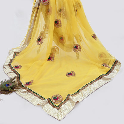 Indian Heavy Sari Yellow Net/Mesh Hand Embroidered Sarees Designer Abu Jani 6Yd Sewing Ethnic Zardozi/ Dabka With Blouse fabric