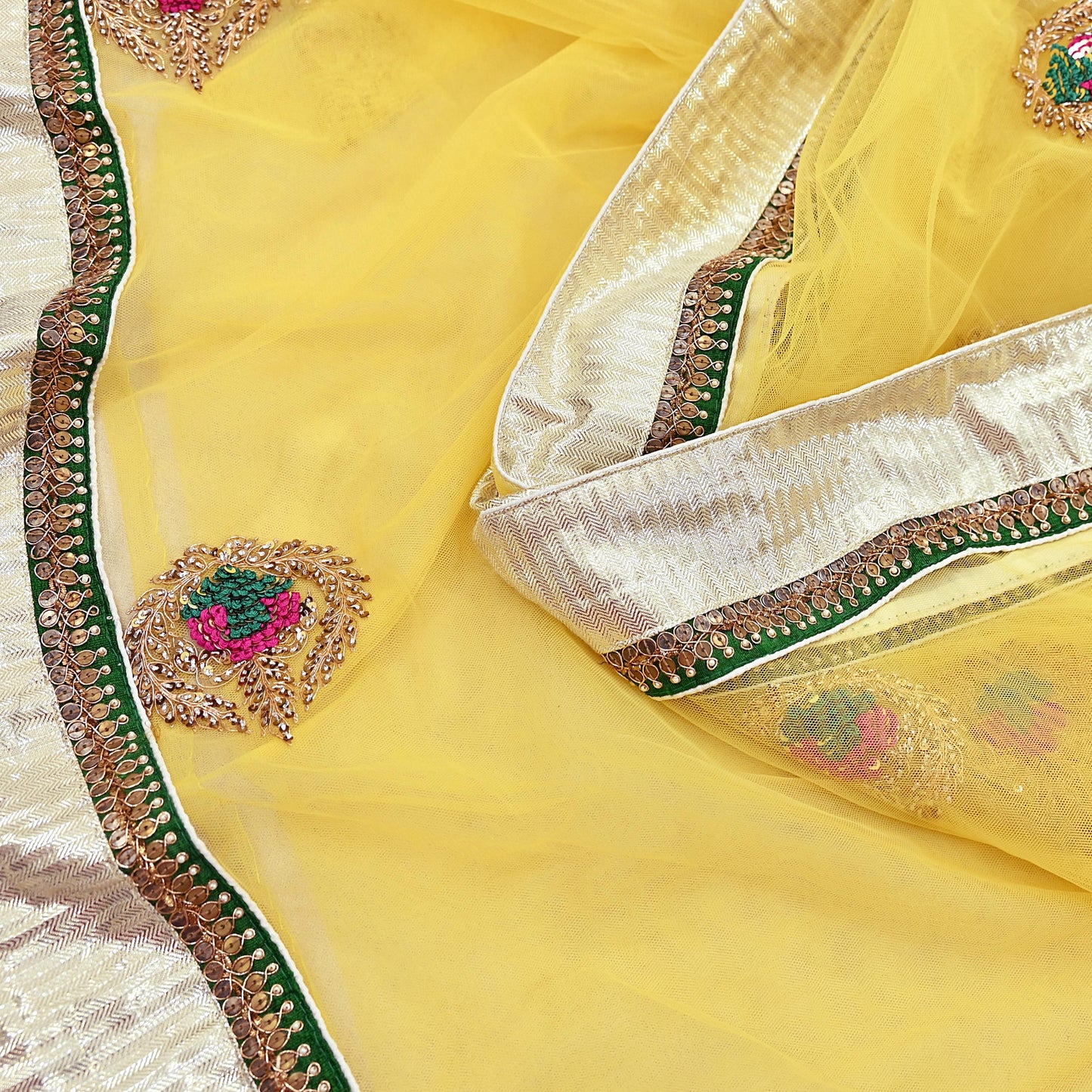 Indian Heavy Sari Yellow Net/Mesh Hand Embroidered Sarees Designer Abu Jani 6Yd Sewing Ethnic Zardozi/ Dabka With Blouse fabric