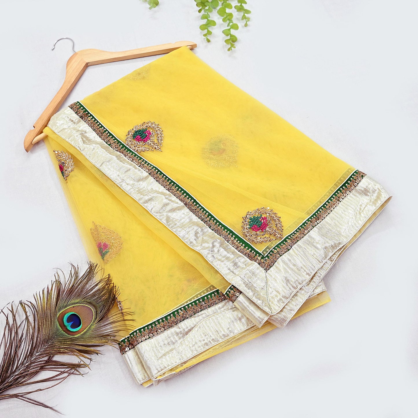 Indian Heavy Sari Yellow Net/Mesh Hand Embroidered Sarees Designer Abu Jani 6Yd Sewing Ethnic Zardozi/ Dabka With Blouse fabric