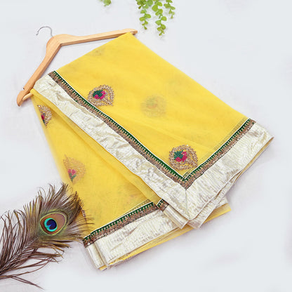 Indian Heavy Sari Yellow Net/Mesh Hand Embroidered Sarees Designer Abu Jani 6Yd Sewing Ethnic Zardozi/ Dabka With Blouse fabric
