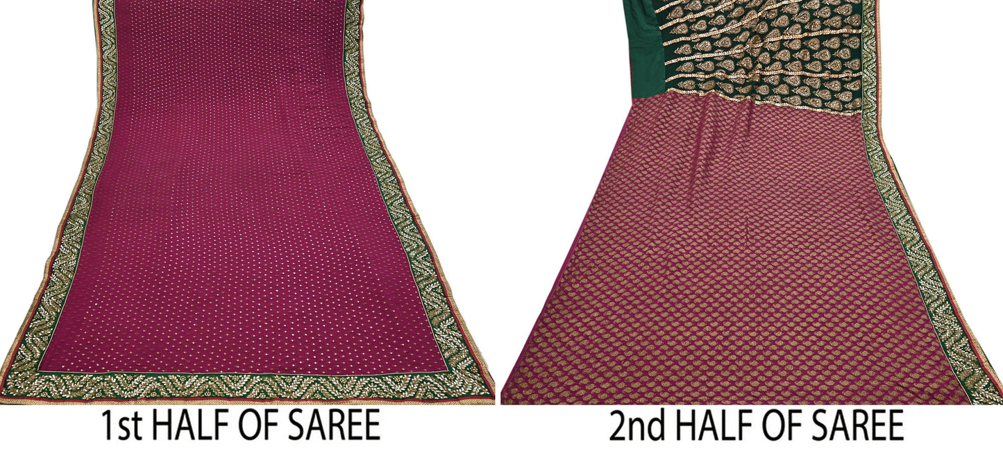 Indian Pre-Owned Sari Purple & Green pure georgette silk Hand Embroidered Designer Sabyasachi Lehenga Sarees Ethnic Wedding Sarees