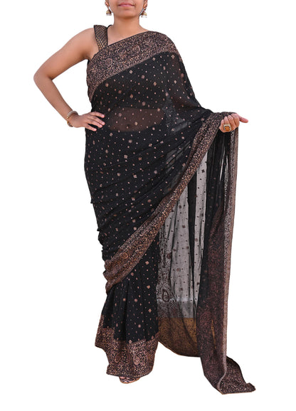 Indian Vintage Black Saree Pure Georgette Silk Pre-owned Hand Beaded Ritu Kumar Designer Sari Fabric 5Yd Soft Ethnic Bollywood Party sarees