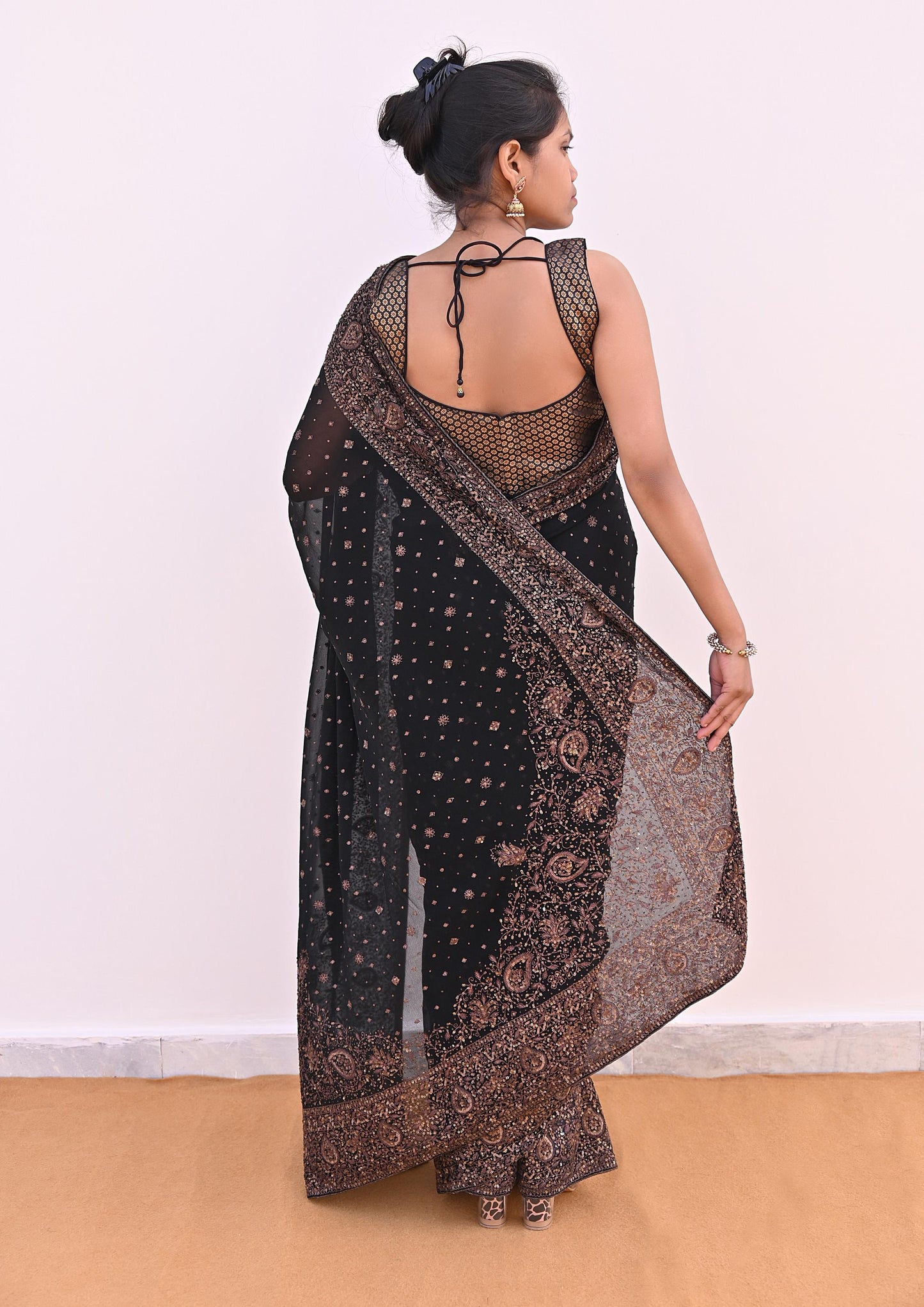 Indian Vintage Black Saree Pure Georgette Silk Pre-owned Hand Beaded Ritu Kumar Designer Sari Fabric 5Yd Soft Ethnic Bollywood Party sarees