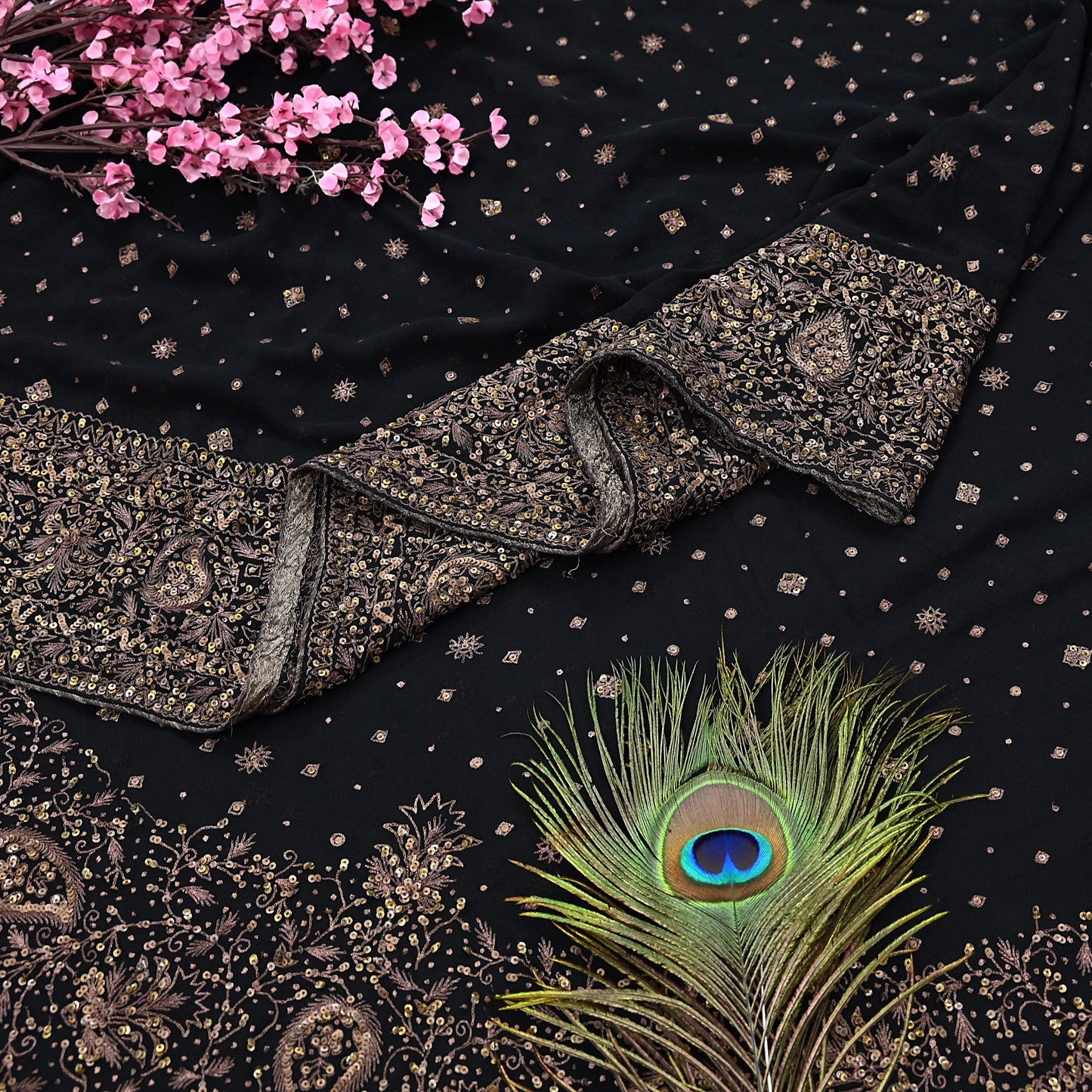 Indian Vintage Black Saree Pure Georgette Silk Pre-owned Hand Beaded Ritu Kumar Designer Sari Fabric 5Yd Soft Ethnic Bollywood Party sarees