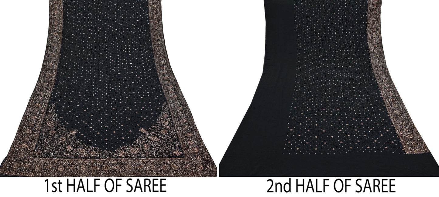 Indian Vintage Black Saree Pure Georgette Silk Pre-owned Hand Beaded Ritu Kumar Designer Sari Fabric 5Yd Soft Ethnic Bollywood Party sarees