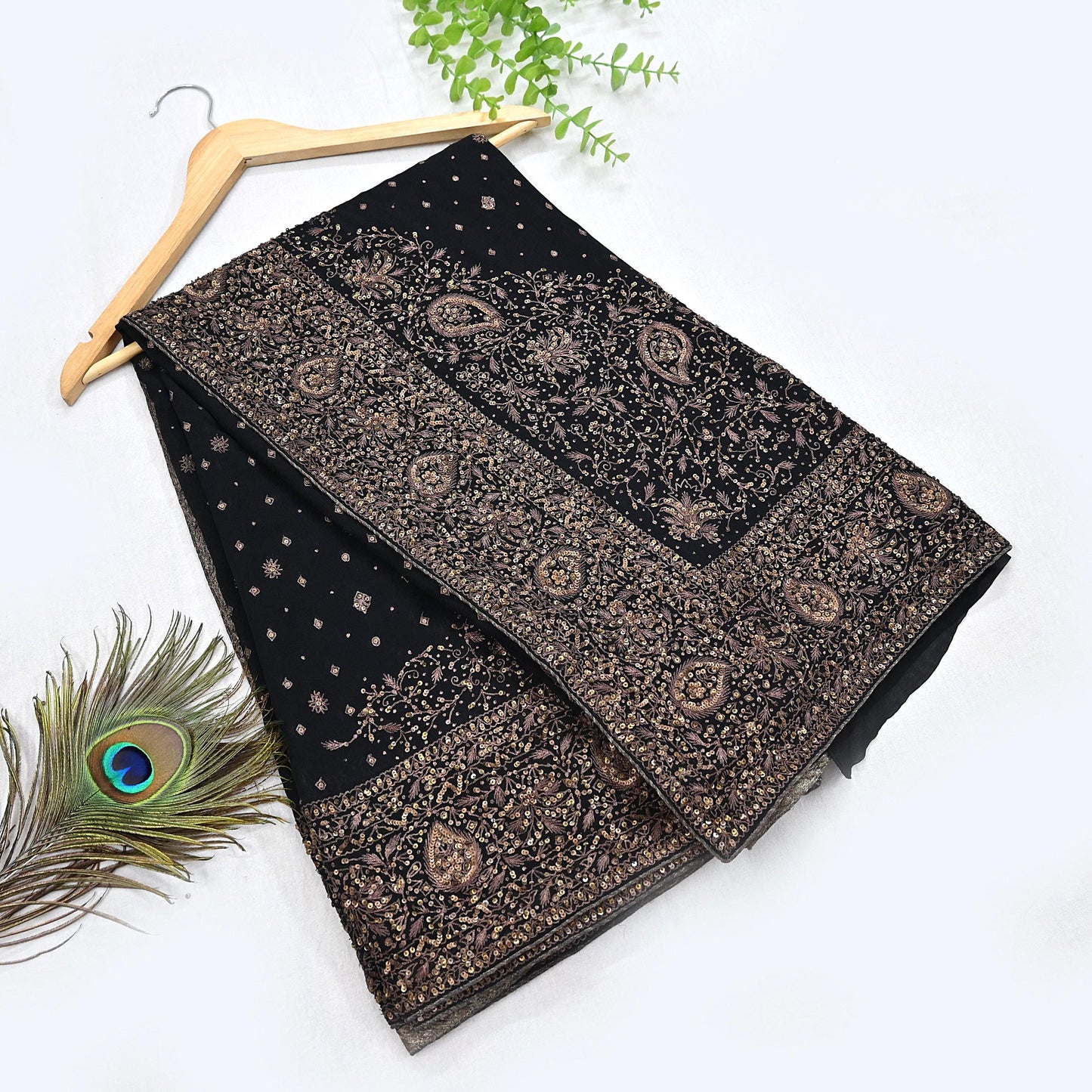 Indian Vintage Black Saree Pure Georgette Silk Pre-owned Hand Beaded Ritu Kumar Designer Sari Fabric 5Yd Soft Ethnic Bollywood Party sarees