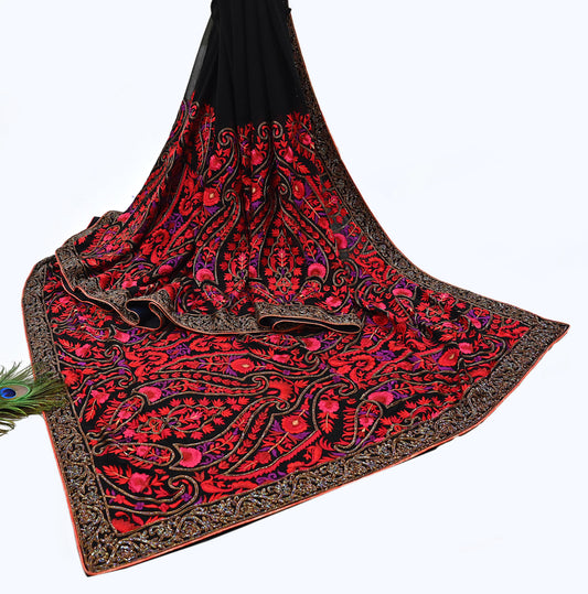 Indian Pre-owned Heavy Sari Black Pure Georgette Silk Hand Embroidered Sarees Designer Abu Jani 6Yd Sewing Ethnic Bollywood Designer Sarees