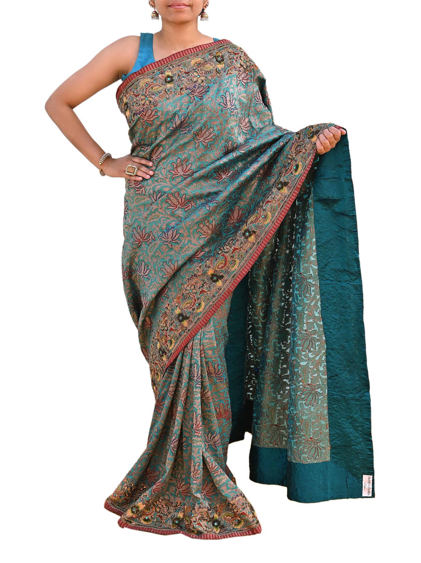 Pre-owned Green Pure Silk Brocade Saree, Handwoven Zardozi 5 yard Anamika Khanna Designer Wedding Saree Indian Bridal Wear Party Sari