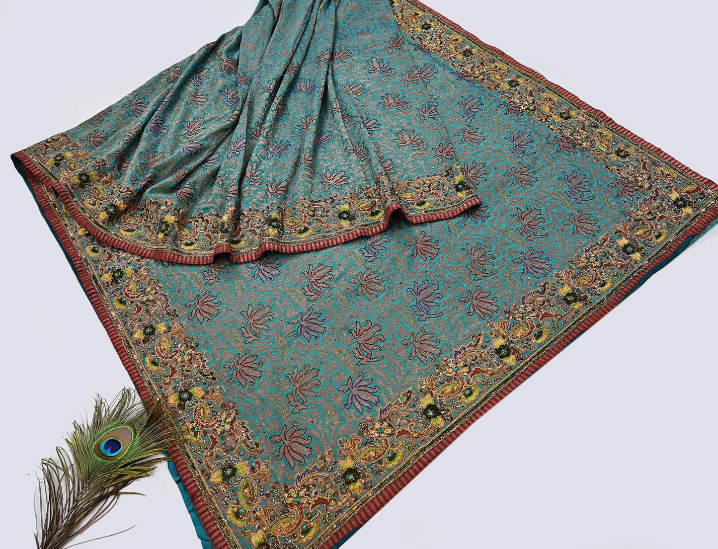 Pre-owned Green Pure Silk Brocade Saree, Handwoven Zardozi 5 yard Anamika Khanna Designer Wedding Saree Indian Bridal Wear Party Sari