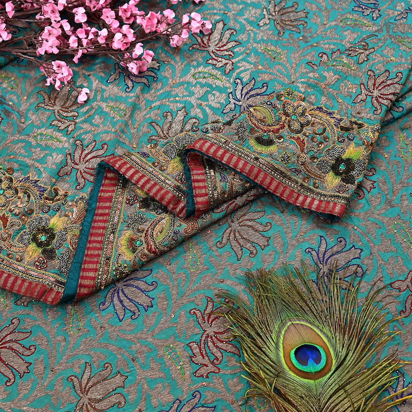 Pre-owned Green Pure Silk Brocade Saree, Handwoven Zardozi 5 yard Anamika Khanna Designer Wedding Saree Indian Bridal Wear Party Sari