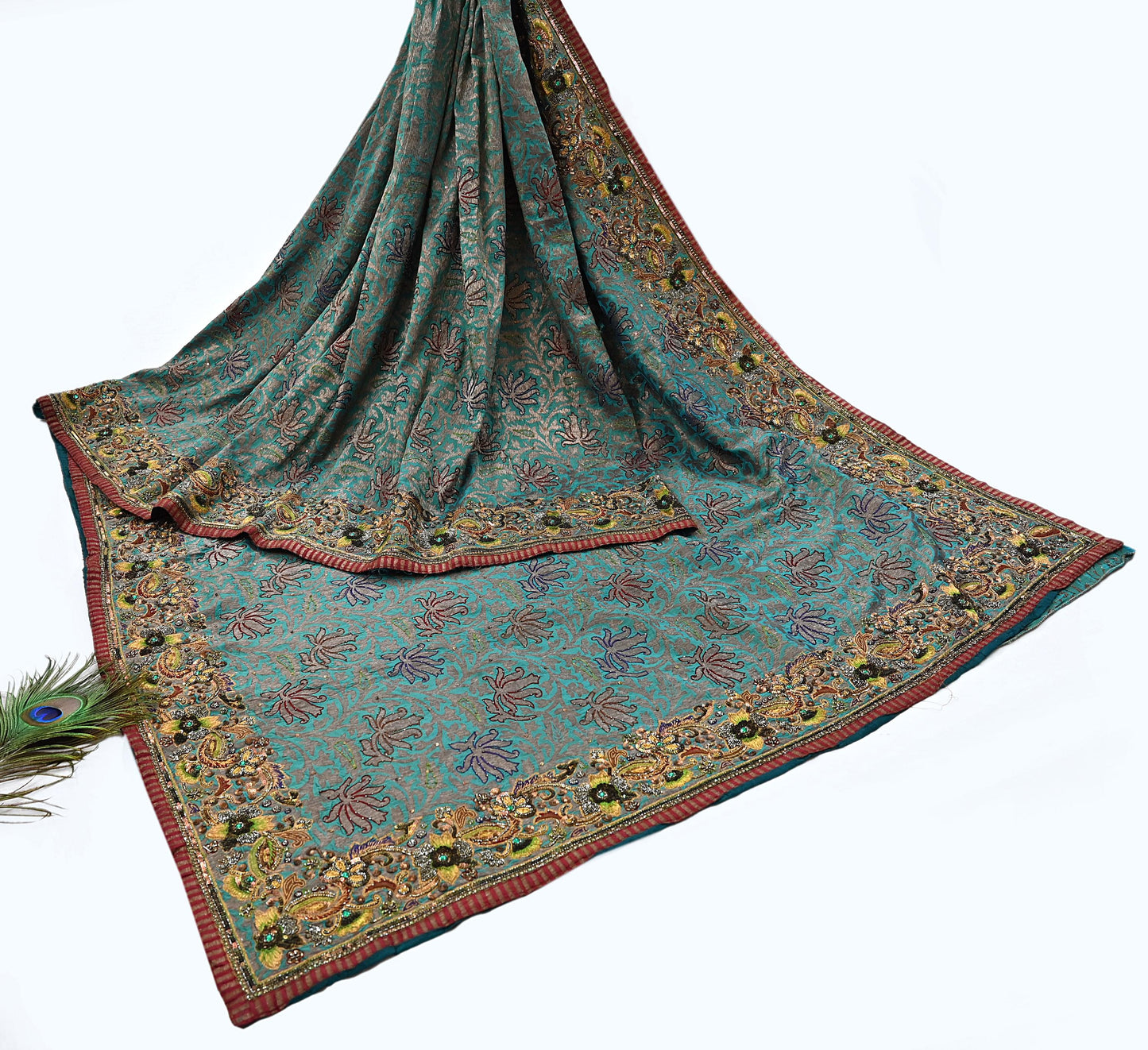 Pre-owned Green Pure Silk Brocade Saree, Handwoven Zardozi 5 yard Anamika Khanna Designer Wedding Saree Indian Bridal Wear Party Sari