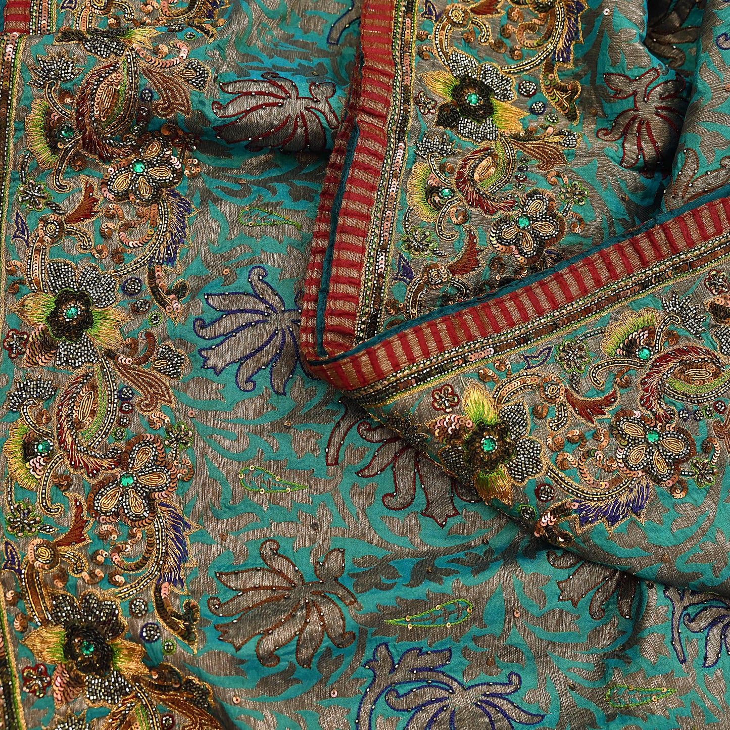 Pre-owned Green Pure Silk Brocade Saree, Handwoven Zardozi 5 yard Anamika Khanna Designer Wedding Saree Indian Bridal Wear Party Sari