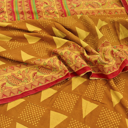 Indian Vintage Mustard & yellow Sari Kalamkari Printed Pure Cotton Saree Fabric Soft Floral 5Yd Sarong Wrap Fabric Fish