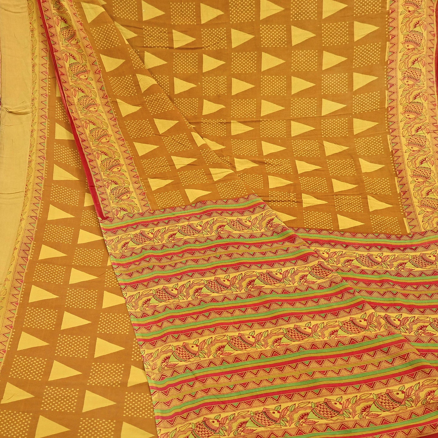 Indian Vintage Mustard & yellow Sari Kalamkari Printed Pure Cotton Saree Fabric Soft Floral 5Yd Sarong Wrap Fabric Fish