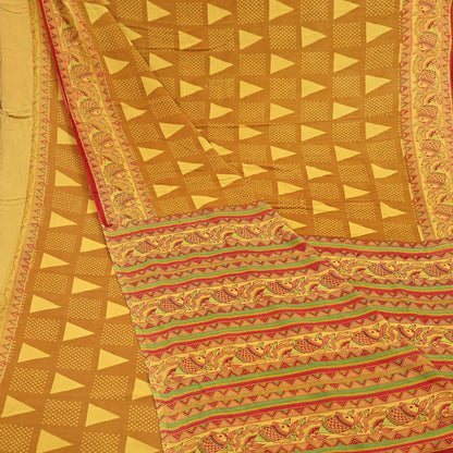 Indian Vintage Mustard & yellow Sari Kalamkari Printed Pure Cotton Saree Fabric Soft Floral 5Yd Sarong Wrap Fabric Fish