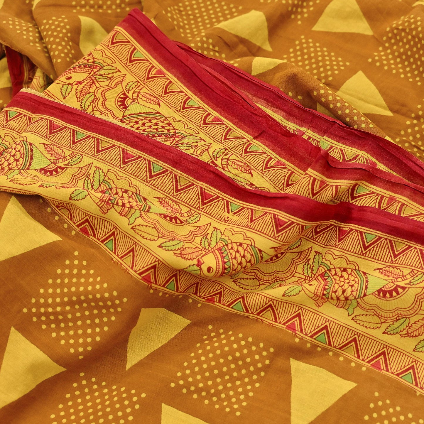Indian Vintage Mustard & yellow Sari Kalamkari Printed Pure Cotton Saree Fabric Soft Floral 5Yd Sarong Wrap Fabric Fish