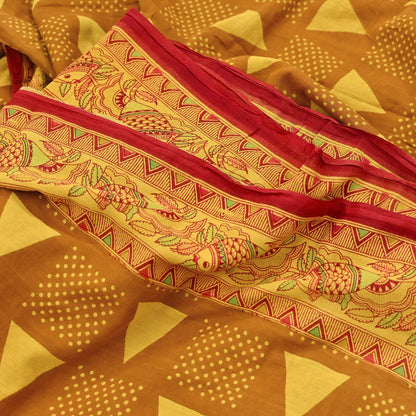 Indian Vintage Mustard & yellow Sari Kalamkari Printed Pure Cotton Saree Fabric Soft Floral 5Yd Sarong Wrap Fabric Fish