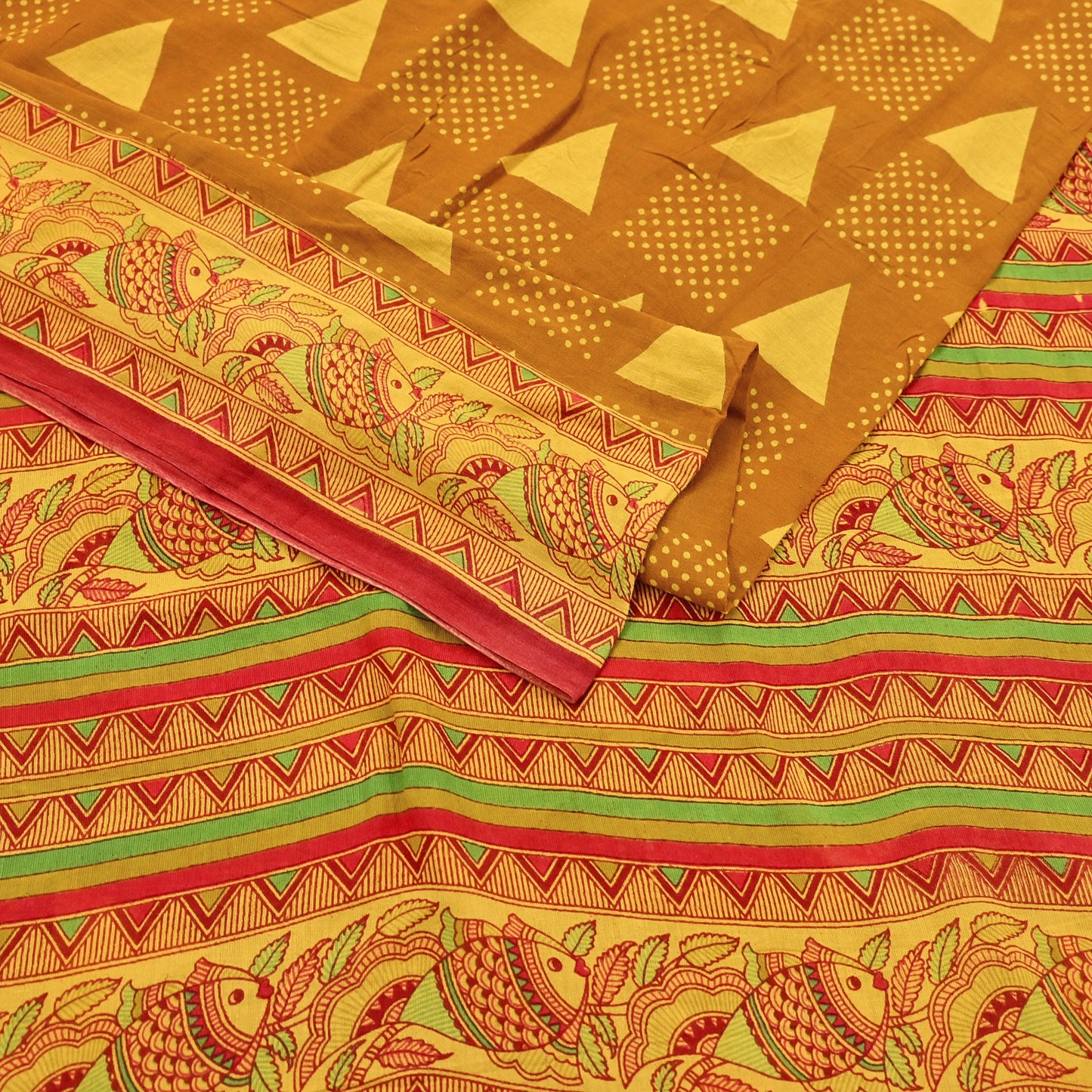 Indian Vintage Mustard & yellow Sari Kalamkari Printed Pure Cotton Saree Fabric Soft Floral 5Yd Sarong Wrap Fabric Fish