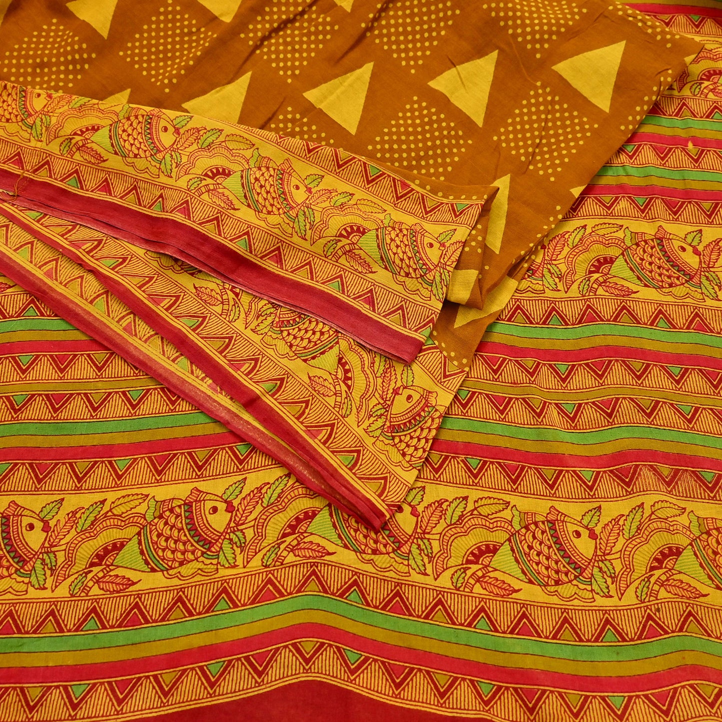 Indian Vintage Mustard & yellow Sari Kalamkari Printed Pure Cotton Saree Fabric Soft Floral 5Yd Sarong Wrap Fabric Fish