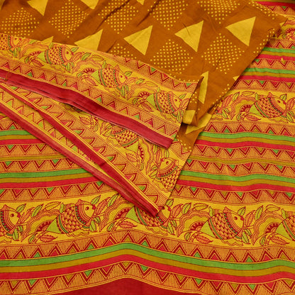 Indian Vintage Mustard & yellow Sari Kalamkari Printed Pure Cotton Saree Fabric Soft Floral 5Yd Sarong Wrap Fabric Fish