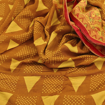 Indian Vintage Mustard & yellow Sari Kalamkari Printed Pure Cotton Saree Fabric Soft Floral 5Yd Sarong Wrap Fabric Fish