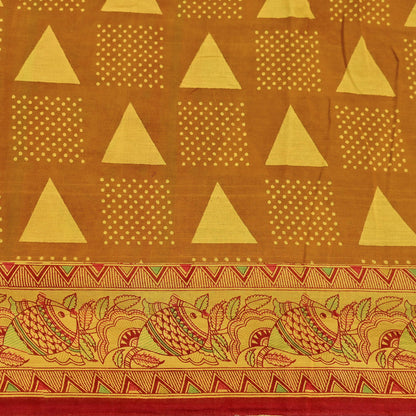 Indian Vintage Mustard & yellow Sari Kalamkari Printed Pure Cotton Saree Fabric Soft Floral 5Yd Sarong Wrap Fabric Fish