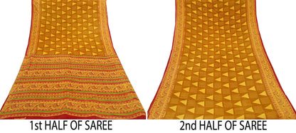 Indian Vintage Mustard & yellow Sari Kalamkari Printed Pure Cotton Saree Fabric Soft Floral 5Yd Sarong Wrap Fabric Fish
