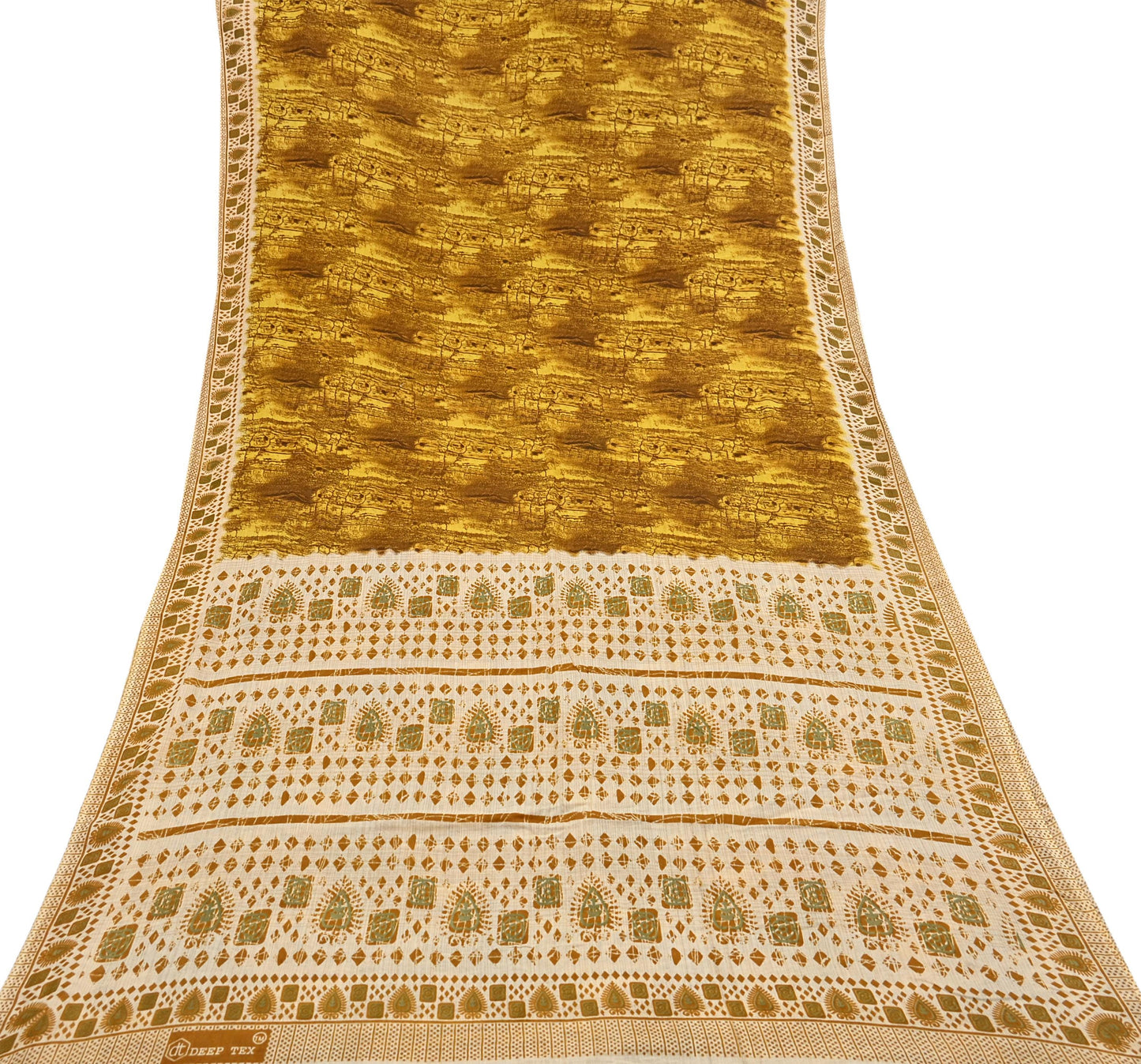 Indian Vintage Ivory & Yellow Saree Printed Pure Cotton Sari Craft Fabric 5Yd Soft Sewing Sarong Wrap Boho Floral Dress making Crafting