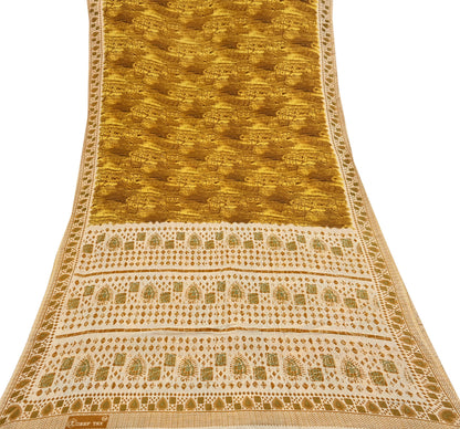 Indian Vintage Ivory & Yellow Saree Printed Pure Cotton Sari Craft Fabric 5Yd Soft Sewing Sarong Wrap Boho Floral Dress making Crafting