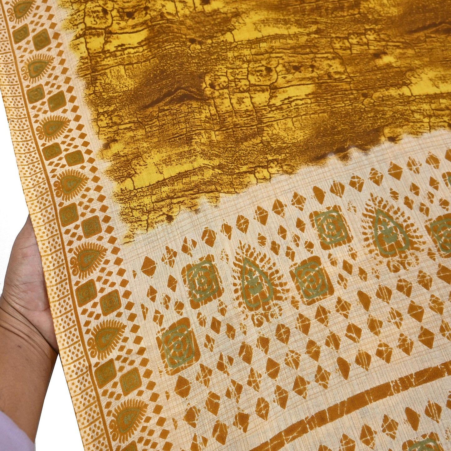 Indian Vintage Ivory & Yellow Saree Printed Pure Cotton Sari Craft Fabric 5Yd Soft Sewing Sarong Wrap Boho Floral Dress making Crafting