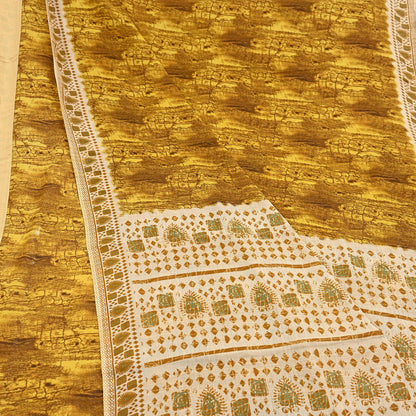 Indian Vintage Ivory & Yellow Saree Printed Pure Cotton Sari Craft Fabric 5Yd Soft Sewing Sarong Wrap Boho Floral Dress making Crafting