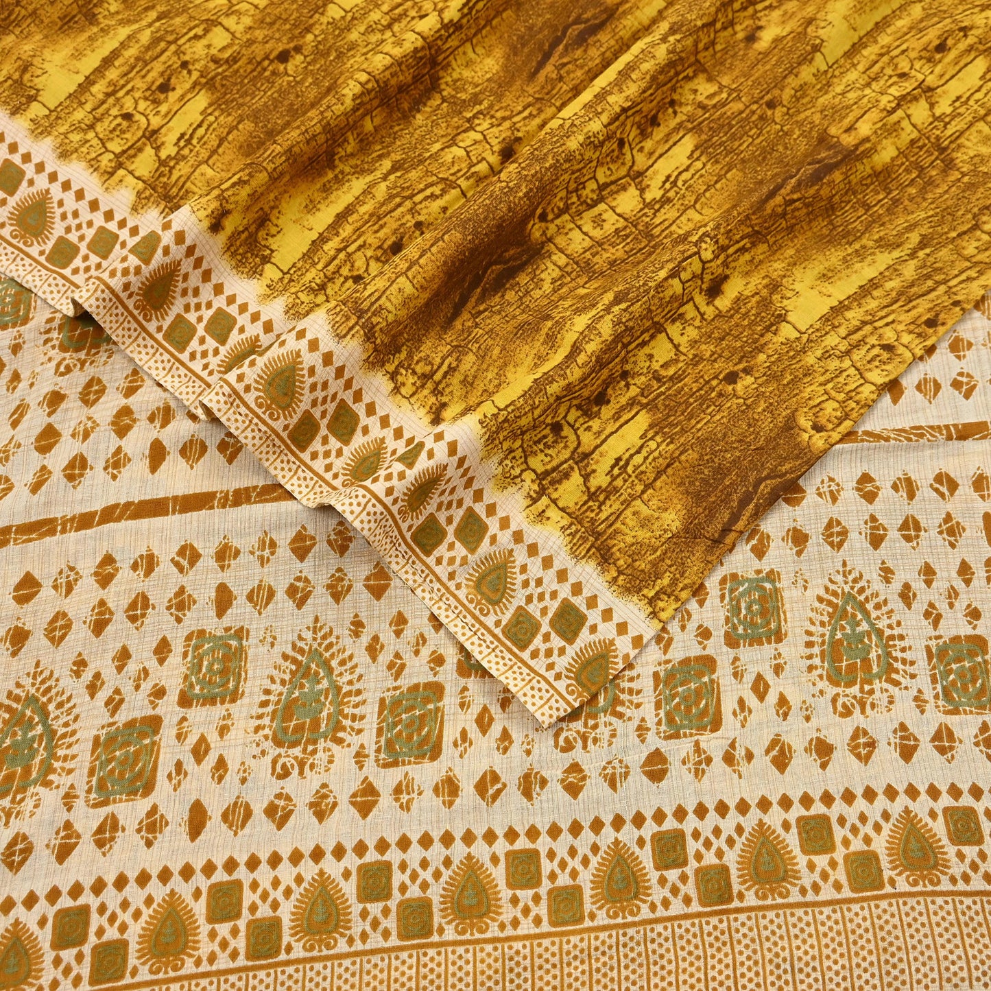 Indian Vintage Ivory & Yellow Saree Printed Pure Cotton Sari Craft Fabric 5Yd Soft Sewing Sarong Wrap Boho Floral Dress making Crafting