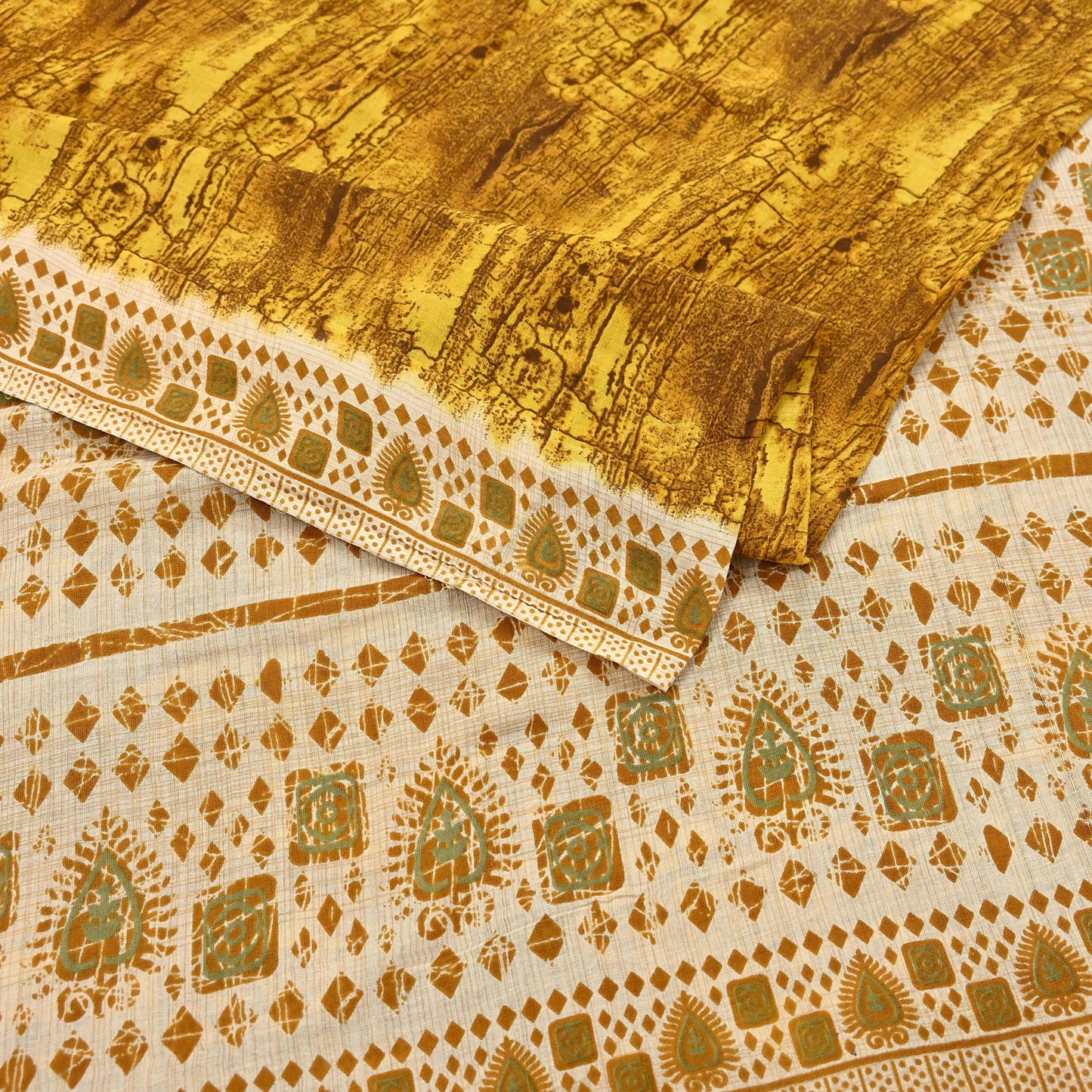 Indian Vintage Ivory & Yellow Saree Printed Pure Cotton Sari Craft Fabric 5Yd Soft Sewing Sarong Wrap Boho Floral Dress making Crafting