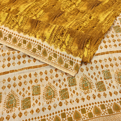 Indian Vintage Ivory & Yellow Saree Printed Pure Cotton Sari Craft Fabric 5Yd Soft Sewing Sarong Wrap Boho Floral Dress making Crafting