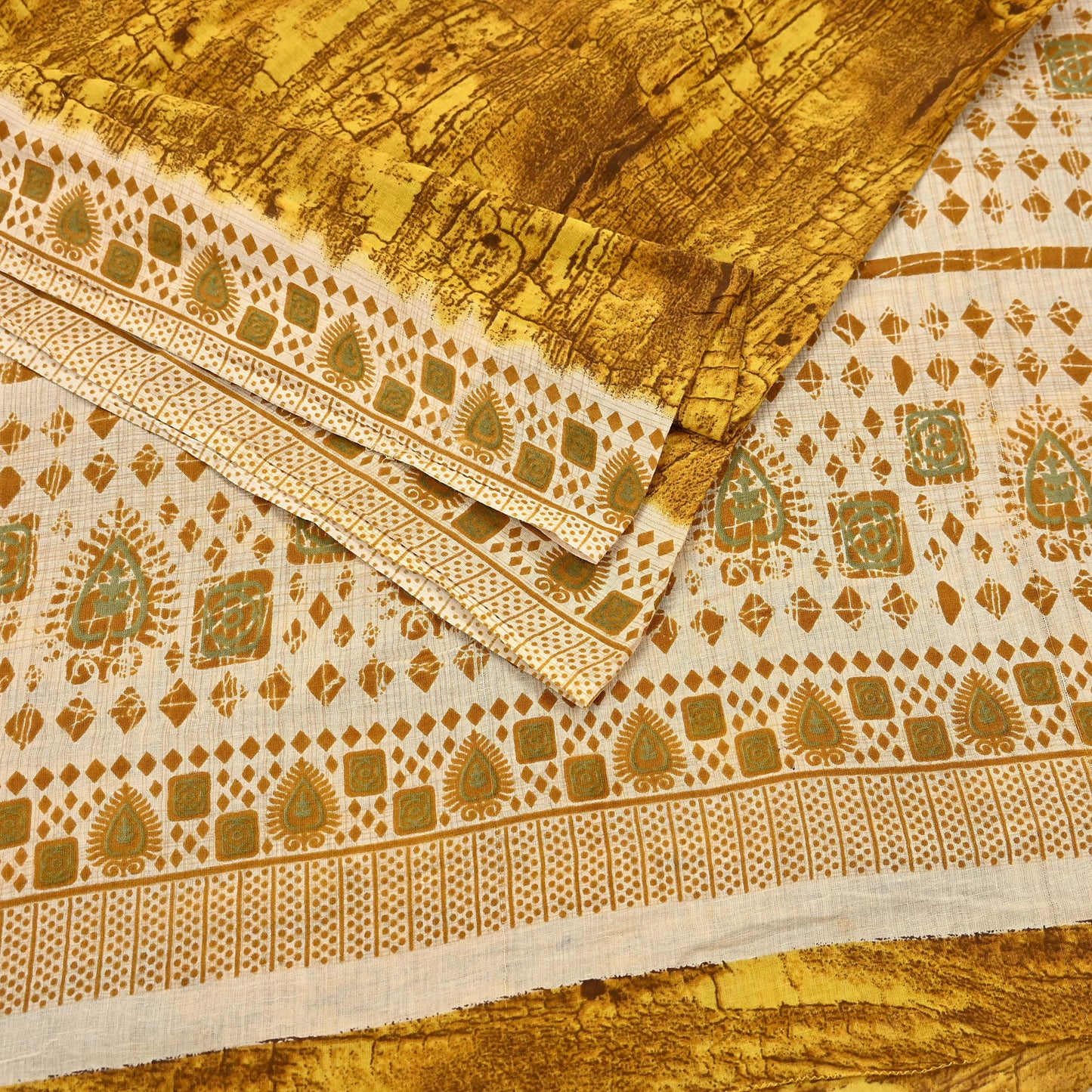 Indian Vintage Ivory & Yellow Saree Printed Pure Cotton Sari Craft Fabric 5Yd Soft Sewing Sarong Wrap Boho Floral Dress making Crafting