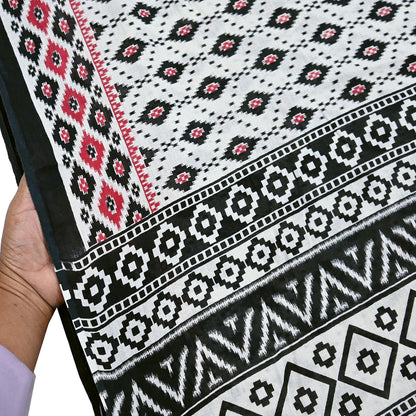 Indian Vintage White & Black Printed Pure Cotton Saree | 5 Yards | Soft Fabric for Sewing, Crafting, Quilting, Upcycling, Dressmaking, Boho