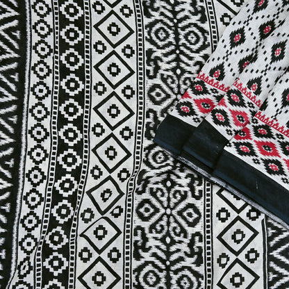 Indian Vintage White & Black Printed Pure Cotton Saree | 5 Yards | Soft Fabric for Sewing, Crafting, Quilting, Upcycling, Dressmaking, Boho