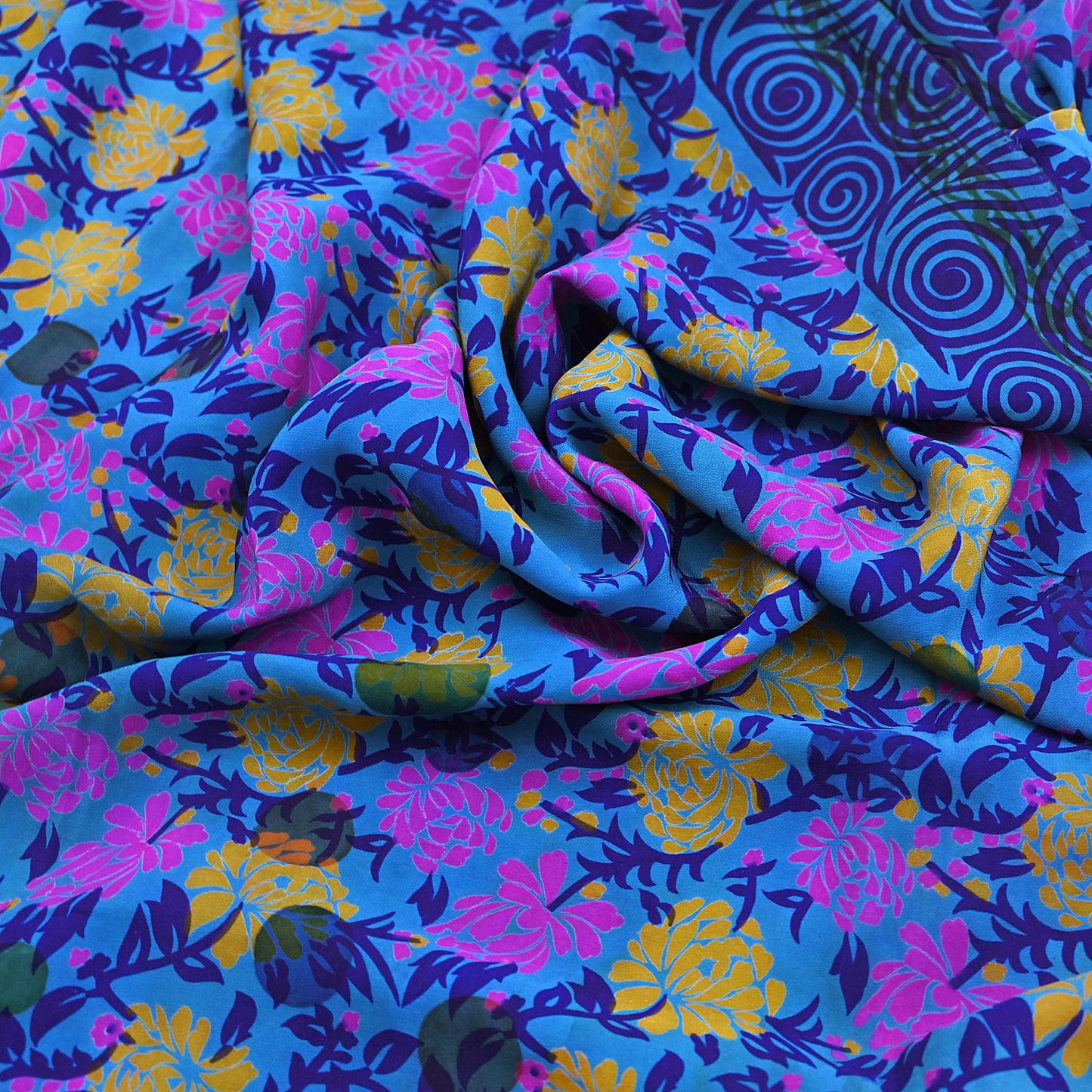Indian Vintage blue Pure Crepe Silk Saree Floral Print 5 Yards Soft Sewing Fabric for Dressmaking, Quilting, Crafting Upcycling